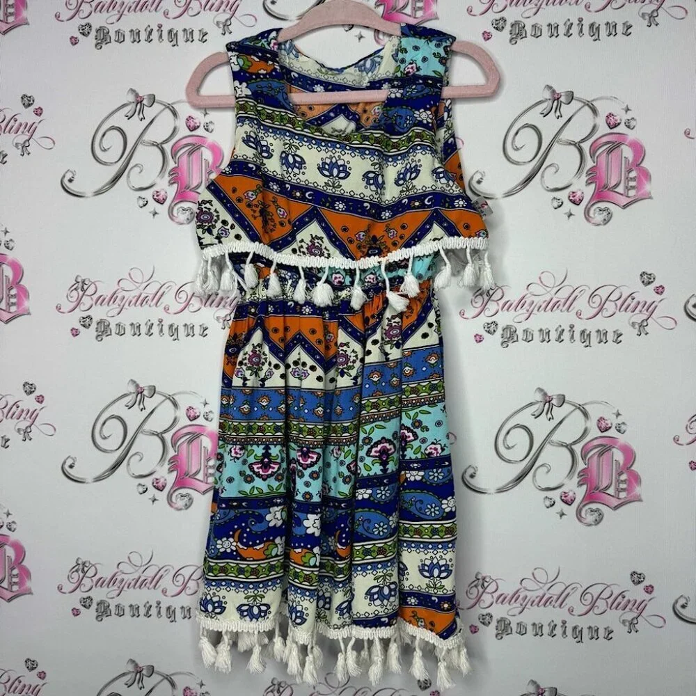 Dress boho tassle Aztec print tiered blue orange white Pom Pom tassles